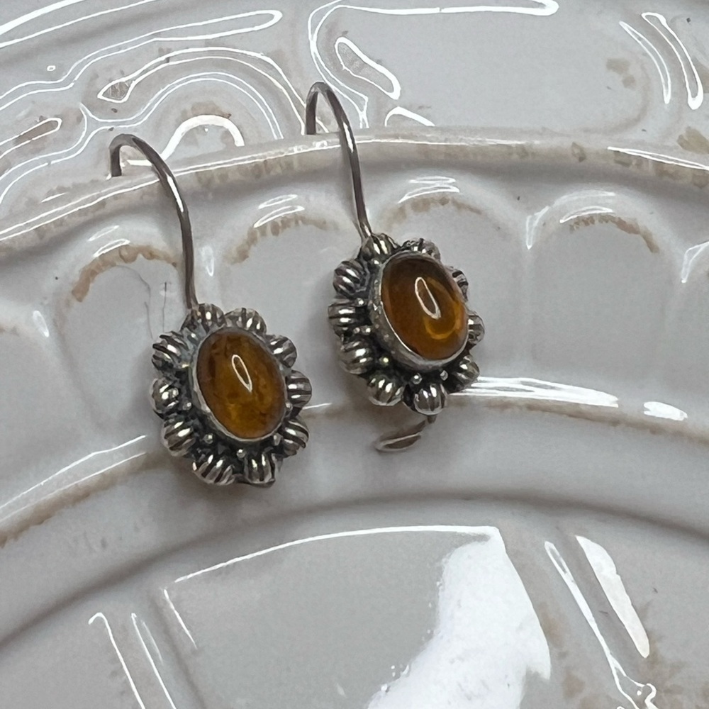 Vintage Sterling Silver Amber-Colored Stone Floral Drop Earrings